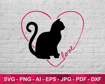 Love Cat Svg File for Cricut, Cat silhouette and Red Heart