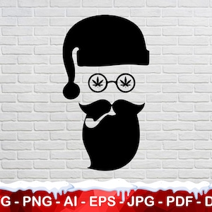 May include: Black and white silhouette of a Santa Claus with a marijuana leaf design on his glasses and a pipe in his mouth.