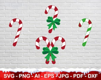 May include: Three red and white candy cane designs with green bows. The candy canes are in a variety of shapes and sizes.