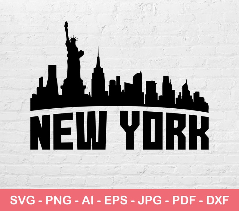 May include: Black and white silhouette of the New York City skyline, including the Statue of Liberty, with the text "NEW YORK" below.