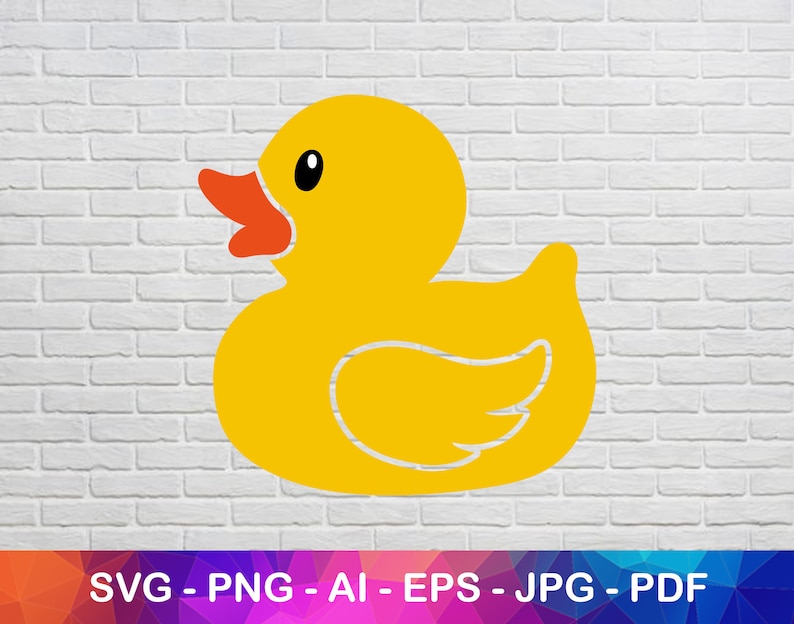 May include: A yellow rubber duck with a red beak and black eyes. The duck is a simple silhouette with no details.