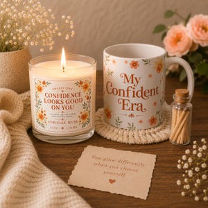 May include: A clear glass candle with a white label reading "Smells Like Confidence Looks Good On You" and "11 oz", a white ceramic mug with the text "My Confident Era", a small glass bottle of matches, and a card with the text "You glow differently when you choose yourself."