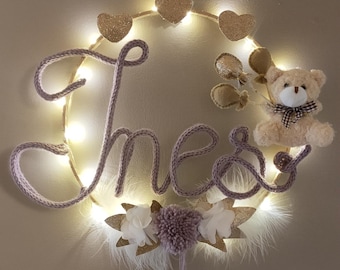 Couronne prénom tricotin avec ourson brun et 3 ballons/ chambre bebe garçon/ chambre bebe fille ide cadeaux personnalisé/ decore murale