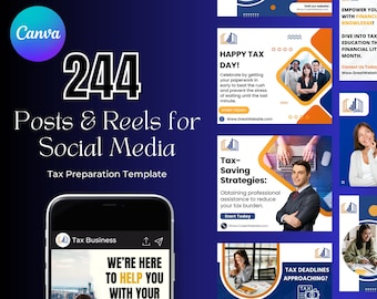 Op de afbeelding: Een verzameling social media berichten voor belastingvoorbereidingsdiensten. De berichten bevatten verschillende afbeeldingen, waaronder een persoon die aan een computer werkt, een persoon die een belastingformulier vasthoudt en een persoon die aan de telefoon is. De berichten bevatten ook tekst die de voordelen van het gebruik van een belastingvoorbereidingsdienst benadrukt, zoals geld besparen en ervoor zorgen dat uw belastingen correct worden gedaan.