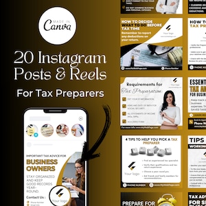 May include: A collection of 20 Instagram post and reel templates for tax preparers. The templates feature a gold and black color scheme with text that includes tips for tax preparation, advice for business owners, and information on how to choose a tax preparer. The templates also include a call to action to contact the tax preparer.