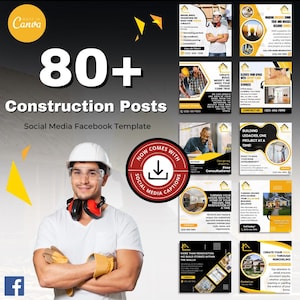 Könnte beinhalten: Werbegrafik für Baudienstleistungen mit einem lächelnden Bauarbeiter mit Helm. Das Bild enthält den Text "80+ Construction Posts" und "Social Media Facebook Template". Zusätzliche Grafiken zeigen verschiedene Renovierungsprojekte.