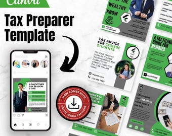 May include: A collection of social media posts for a tax preparer business. The posts feature green and gray color schemes with text that includes "Tax Tips", "Tax Advice for College Students", "A Tax Filing Guide for Newbies", and "Strategies for Reducing Next Year's Tax Bill".