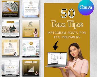 Puede incluir: Un fondo dorado con el texto "50 Tax Tips" y "INSTAGRAM POSTS FOR TAX PREPARERS". Una mujer sostiene una computadora portátil que muestra una publicación de redes sociales con el texto "Contact a Tax Professional".