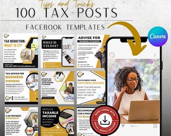 May include: A collection of 100 social media post templates for tax professionals. The templates feature a variety of designs with yellow and gold accents. The text on the templates includes tips and tricks for tax preparation, tax deductions, and tax advice for business owners, freelancers, and working students. The templates also include a download button for social media captions.