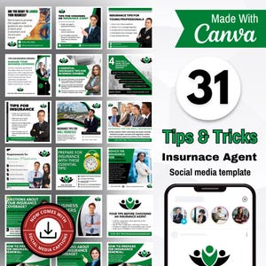 Puede incluir: Un conjunto de 31 plantillas de redes sociales para agentes de seguros, con consejos y trucos. Los diseños utilizan acentos verdes y blancos, con varios diseños e imágenes. Las plantillas están diseñadas con Canva.