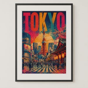 東京旅行ポスター（額装済み）、カラフルなA4またはA3サイズのウォールアート（黒フレーム入り）