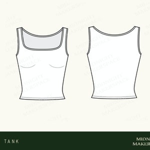 May include: A line drawing of a sleeveless tank top with a square neckline. The tank top is shown in both front and back views. The text "RIB TANK" is at the bottom left of the image and "MIDNIGHT MAKERSPACE" is at the bottom right.