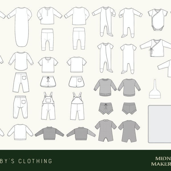 Baby's Clothing - Tech Flats, CAD Flats, Technical Drawing, Fashion Flats, Tech Packs