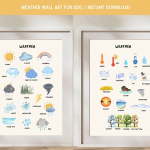Paquete de carteles meteorológicos, impresiones de arte de pared meteorológica, imprimibles meteorológicos, impresiones meteorológicas Montessori, impresión educativa, decoración de pared para niños pequeños
