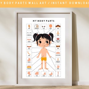 Partes del cuerpo, arte de pared imprimible, póster de partes del cuerpo, educación en el hogar, póster Montessori, aprendizaje de partes del cuerpo, aprendizaje preescolar