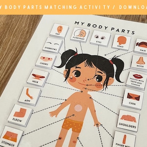 Actividad de coincidencia de partes del cuerpo imprimible, páginas de libros ocupados, páginas de actividades de aprendizaje para niños pequeños, actividad Montessori, aprendizaje en el hogar