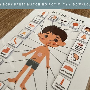 Actividad de coincidencia de partes del cuerpo imprimible, páginas de libros ocupados, páginas de actividades de aprendizaje para niños pequeños, actividad Montessori, aprendizaje en el hogar