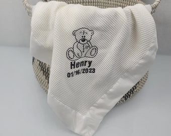 Personalized Handmade Custom Embroidered Baby Girl Boy Name Crib Blanket Newborn Gift Morgan Satin Edge Trim Thermal Knit Waffle Weave 36x50