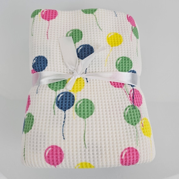 New Colors! Baby Morgan 36"x50" Crib Blanket Thermal Waffle Weave Blanket, Nylon Satin Trim Balloon Print, Aqua Yellow Gray Lavender Infant