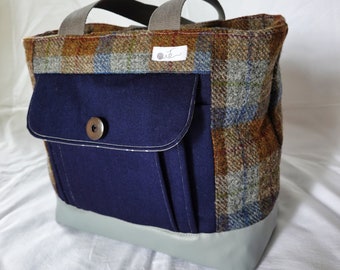 Shopper bag made of Harris Tweed, jeans and faux leather