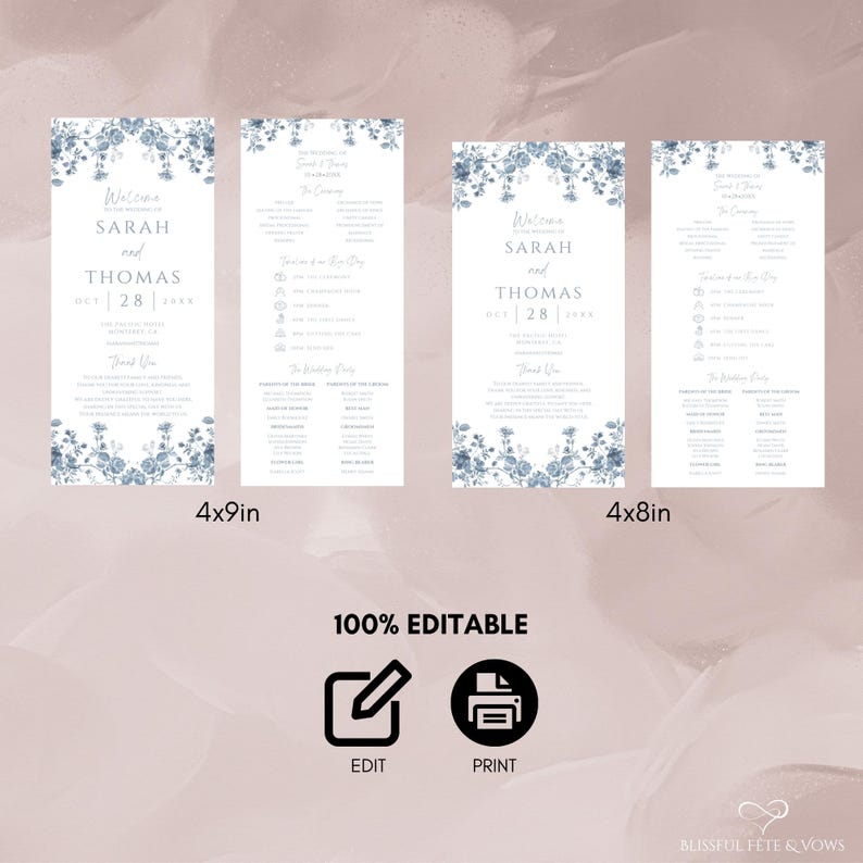 Dusty Blue Wedding Program Template – Editable Floral Order of Service ...