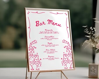 Hand Drawn Whimsical Wedding Bar Menu Sign Template, Editable Cocktail Drink List, Printable Reception Bar Menu Decor, Wedding Bar Signage