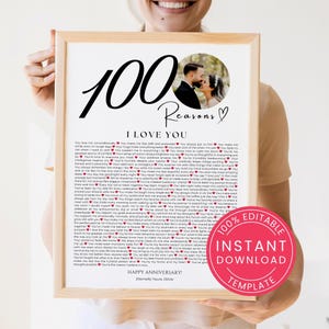 100 powodów, dla których Cię kocham plakat ze zdjęciem szablon prezentu na rocznicę ślubu, prezent rocznicowy dla męża żony chłopaka lub dziewczyny