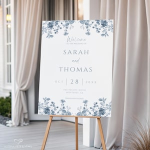 Dusty Blue Wedding Welcome Sign Canva Template – Editable Floral Signage, Minimalist Printable Welcome to Our Wedding DIY Poster - BFV75