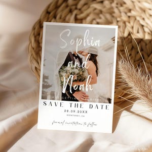 Modelo editável de cartão de foto para salvar a data do casamento, convite simples para salvar nossa data, convite personalizado para cartão postal para impressão para noivas DIY