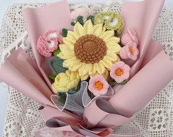 Bouquet de fleurs au crochet, cadeau pour elle, cadeau d'anniversaire, cadeau d'anniversaire, cadeau pour maman, cadeau pour petite amie/ami/parents, bouquet au crochet rose