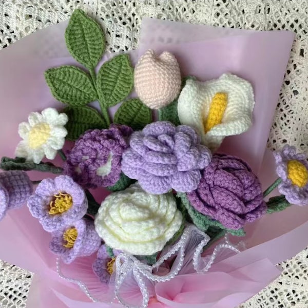 Rose au crochet, fleurs tricotées à la main, bouquet de fleurs au crochet, cadeau de la Saint-Valentin, décoration éclectique, cadeau pour elle, fleur rose rose