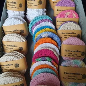 handmade crochet face scrubbies. eco friendly 100% cotton, reusable & recyclable