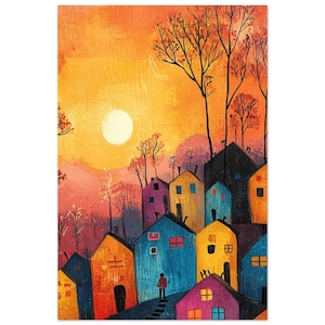 Whimsical Sunset Village Art Print Colorful House Wall Art Vibrant Sunset Poster Fantasy Landscape Print Boho Eclectic Home Decor