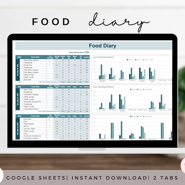 Food Diary for Google Sheets, Calorie Tracker, Food Tracker, Weight loss tracker, Health tracker.