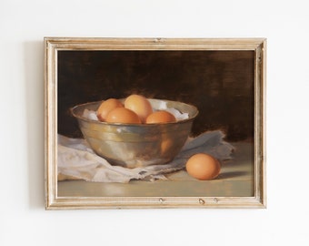 May include: A painting of a silver bowl filled with brown eggs on a white cloth. The bowl is sitting on a brown surface.