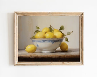 Vintage Lemon Still Life Painting, French Country Kitchen Art (Digital Download)