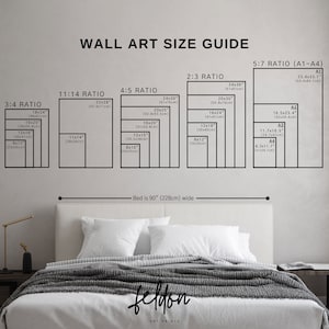 May include: A wall art size guide with different ratios and measurements in inches and centimetres. The guide shows the dimensions of various sizes of wall art, including 3:4, 11:14, 4:5, 2:3, and 5:7 ratios. The guide also includes the standard paper sizes A1, A2, A3, and A4. The text "Bed is 90" (228cm) wide" is at the bottom of the guide.