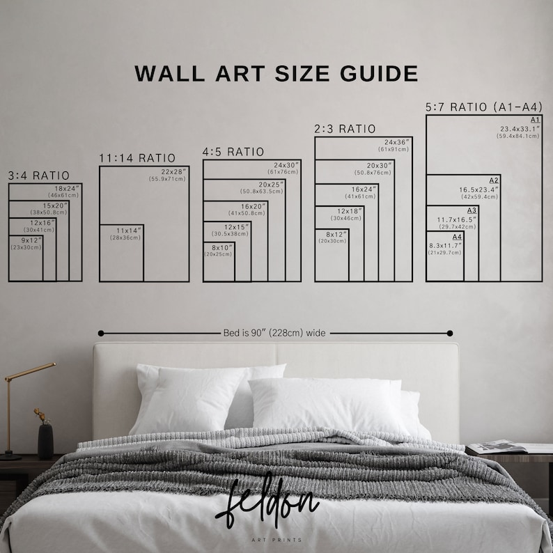 May include: A wall art size guide with different ratios and measurements in inches and centimetres. The guide shows the dimensions of various sizes of wall art, including 3:4, 11:14, 4:5, 2:3, and 5:7 ratios. The guide also includes the standard paper sizes A1, A2, A3, and A4. The text "Bed is 90" (228cm) wide" is at the bottom of the guide.