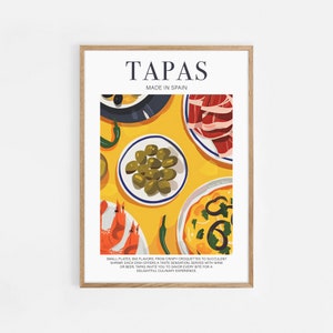 タパス ポスター、食べ物のプリント、スペインのタパス アート、食べ物のイラスト、オリーブの絵、エビ、バレンシアのアート、スペインの食べ物のポスター、スペイン料理