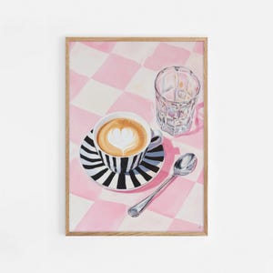 Latte Art Kaffee Druck, Rosa Café Küchendekor, Minimalistisches Frühstück Poster, Süßer Kaffeeliebhaber Geschenk, moderne digitale Wand Download | #1002