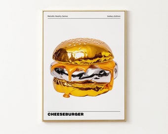 Cheeseburger Food Wall Art, Kitchen Wall Art, Kitchen Decor, Modern Food Wall Print, Vibrant Chrome Holographic Poster, Modern Style