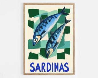 Sardines Print Sardine Tin Vintage Poster Retro Sardine Wall Art Fish Print Eclectic Wall Art Colorful Kitchen Art Maximalist Poster | 803