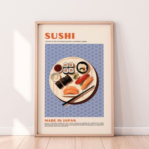 Cartel de sushi, impresión de alimentos, decoración de cocina moderna, ilustración, japonés, ramen, albóndigas, kimchi, cartel de exposición, arte de pared retro