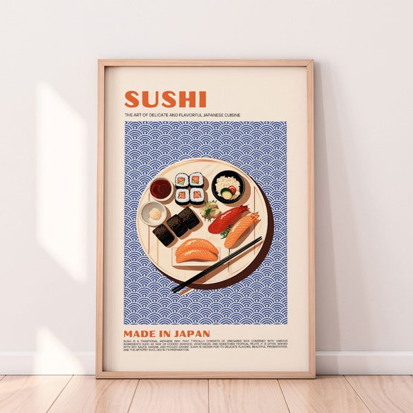 Sushi Poster, Food Print, Modern Kitchen Decor, Illustration, Japanese, Ramen, Dumplings, Kimchi, Exhibition Poster, Retro Wall Art