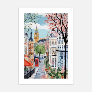 May include: A colorful illustration of a street scene in London, England. The iconic Big Ben clock tower is visible in the distance, with red telephone booths and blooming flowers lining the street.