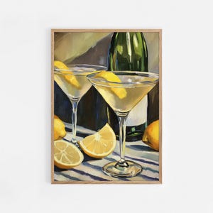 Impresión de cóctel Martini con gotas de limón, póster de cóctel retro, decoración de carrito de bar, impresión de Martini, arte de pared imprimible en amarillo, DESCARGA DIGITAL / #926