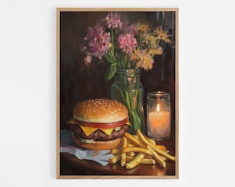 Bodegón de hamburguesa y patatas fritas, pintura al óleo, lámina de arte de comida rápida (descarga digital)