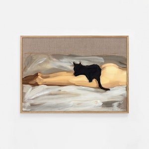 黒猫とベッドにいる女性の絵画、モダンな壁アート、女の子の部屋の装飾、ビクトリア朝のダークアカデミアの印刷可能な壁アート、ダークコテージコアの装飾