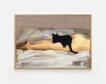 Woman In Bed with Black Cat Painting, Modern Wall Art, Girls Room Decor, Victorian Dark Academia Printable Wall Art, Dark Cottagecore Decor