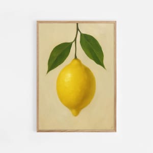 Lemon Drop Art Print, Hanging Lemon Oil Painting, Minimalist Fruit Wall Art, Still Life Oil Painting Kitchen Decor, Digital Download | #1013